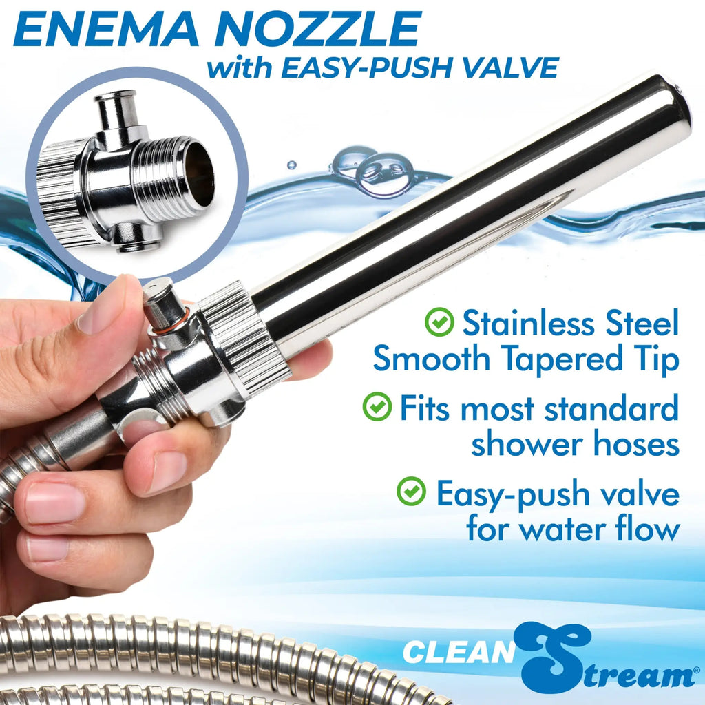 CleanStream stainless steel enema nozzle with an easy-push on/off valve and tapered tip, held by a hand.