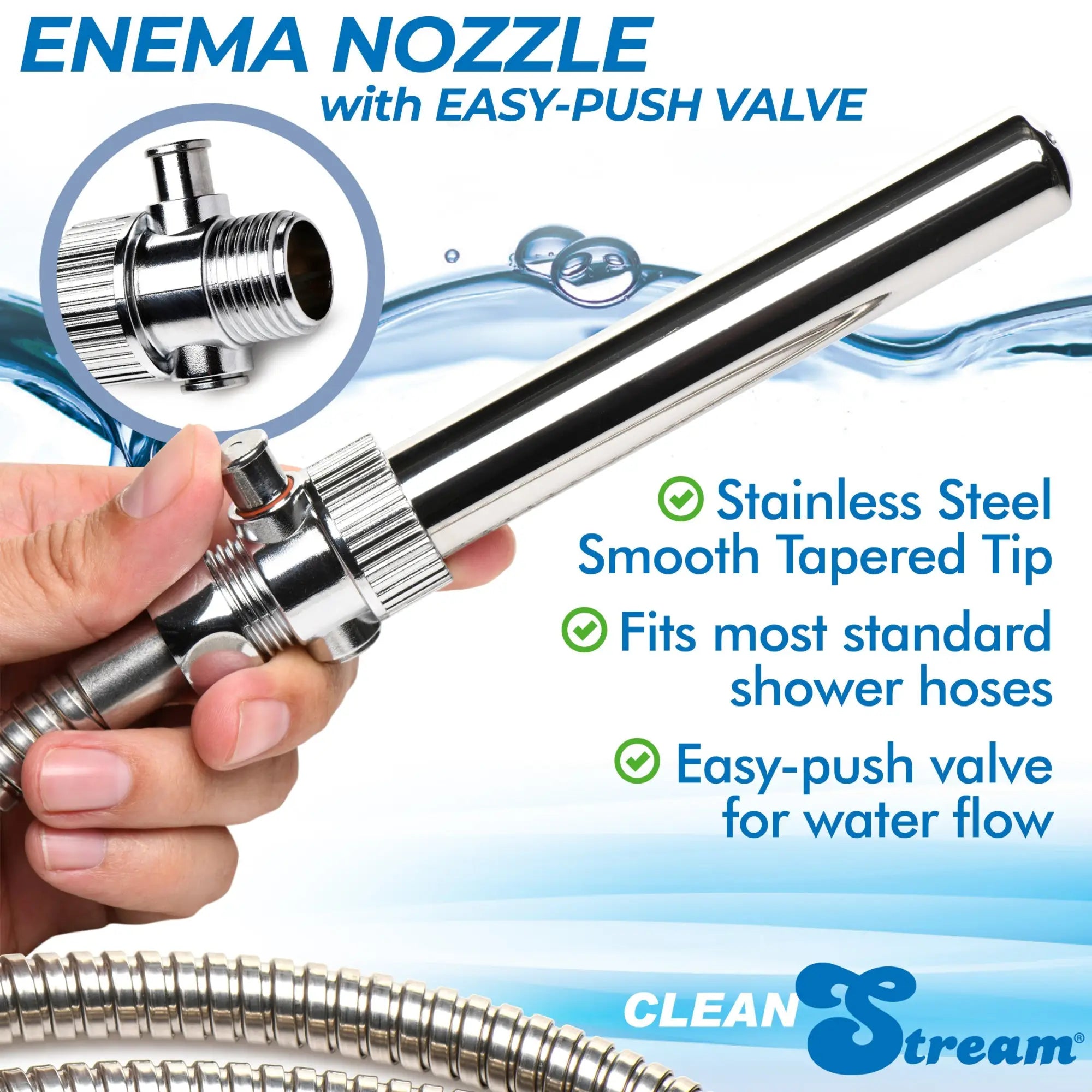 CleanStream stainless steel enema nozzle with an easy-push on/off valve and tapered tip, held by a hand.