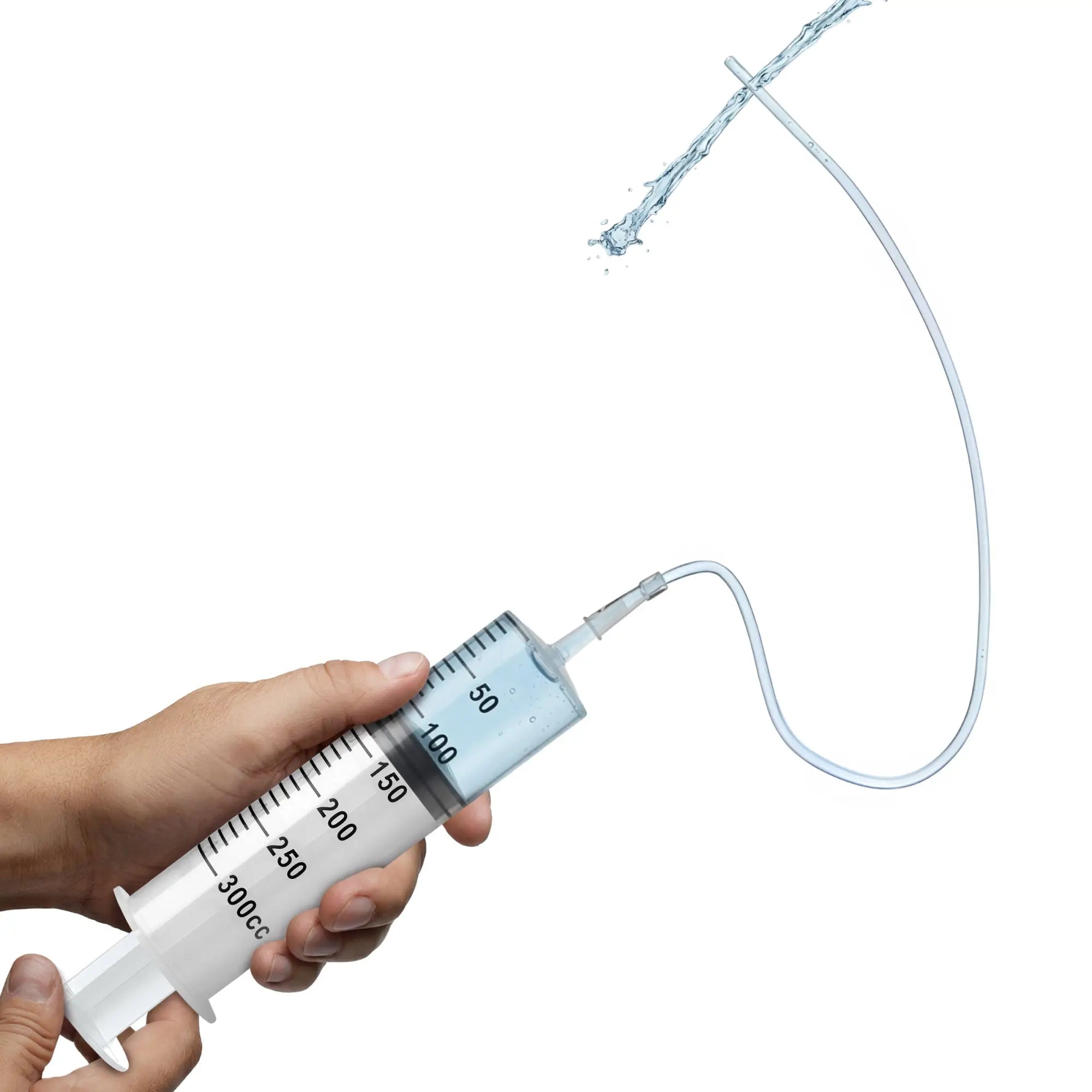 Hand holding a clear 300cc CleanStream enema syringe with a flexible tube spraying a stream of water.