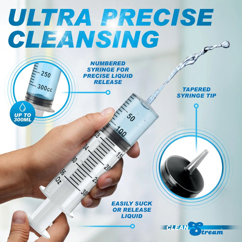 CleanStream Enema Syringe: A clear 300ml syringe with measurement markings being held, shown spraying liquid.
