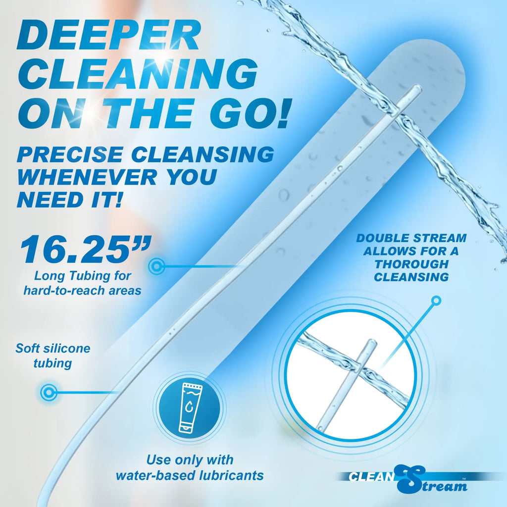 CleanStream Enema Syringe with 16.25-inch, clear, soft silicone tubing that features a dual-stream design for cleansing.