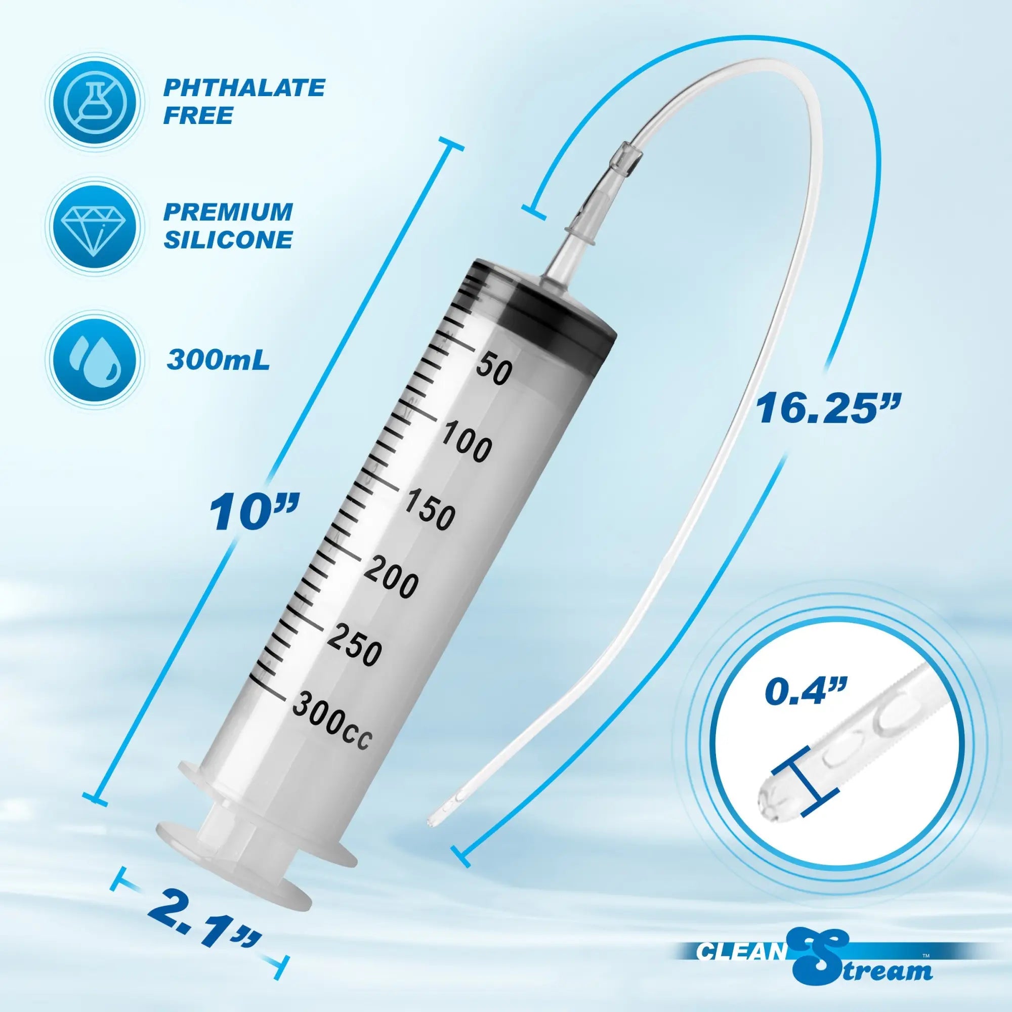 CleanStream 300mL enema syringe with a 16.25-inch tube, clear plastic body with black measurements against blue water.