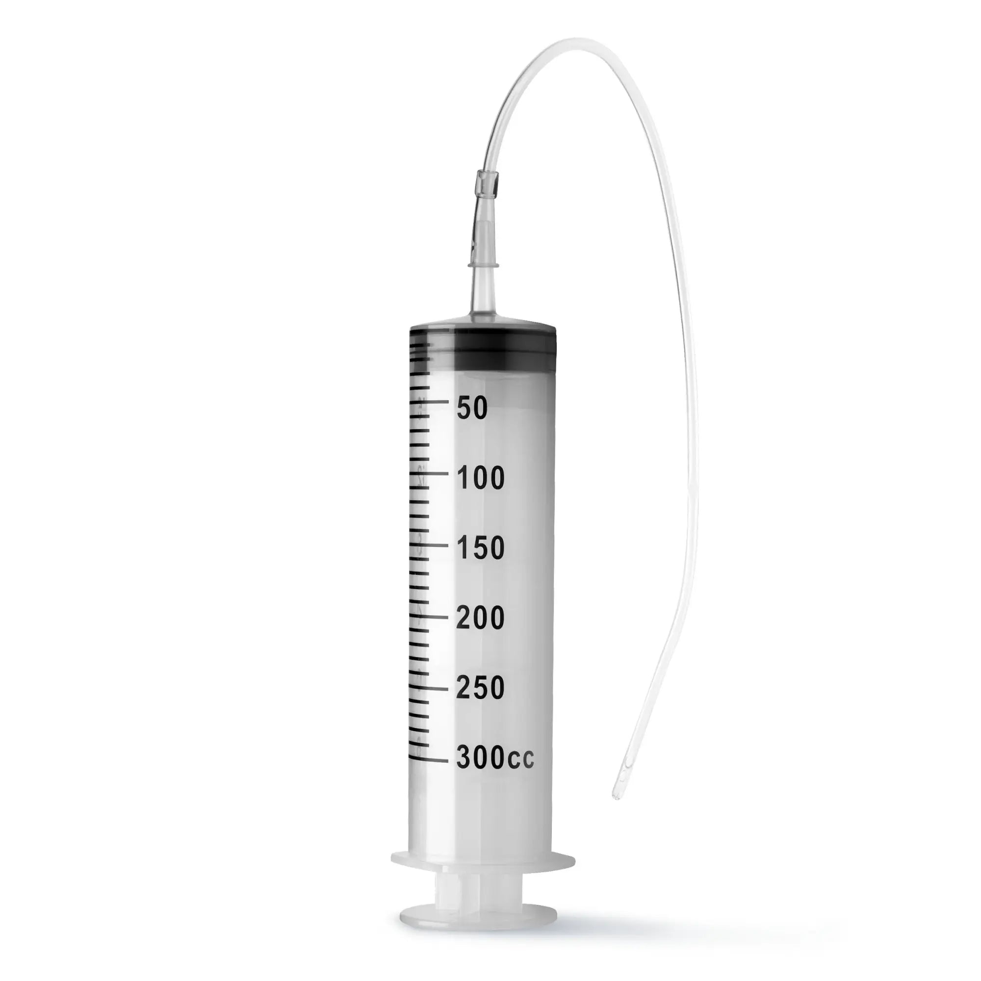 CleanStream Enema Syringe: A clear 300cc plastic medical syringe with black measurement markings and a flexible tube.