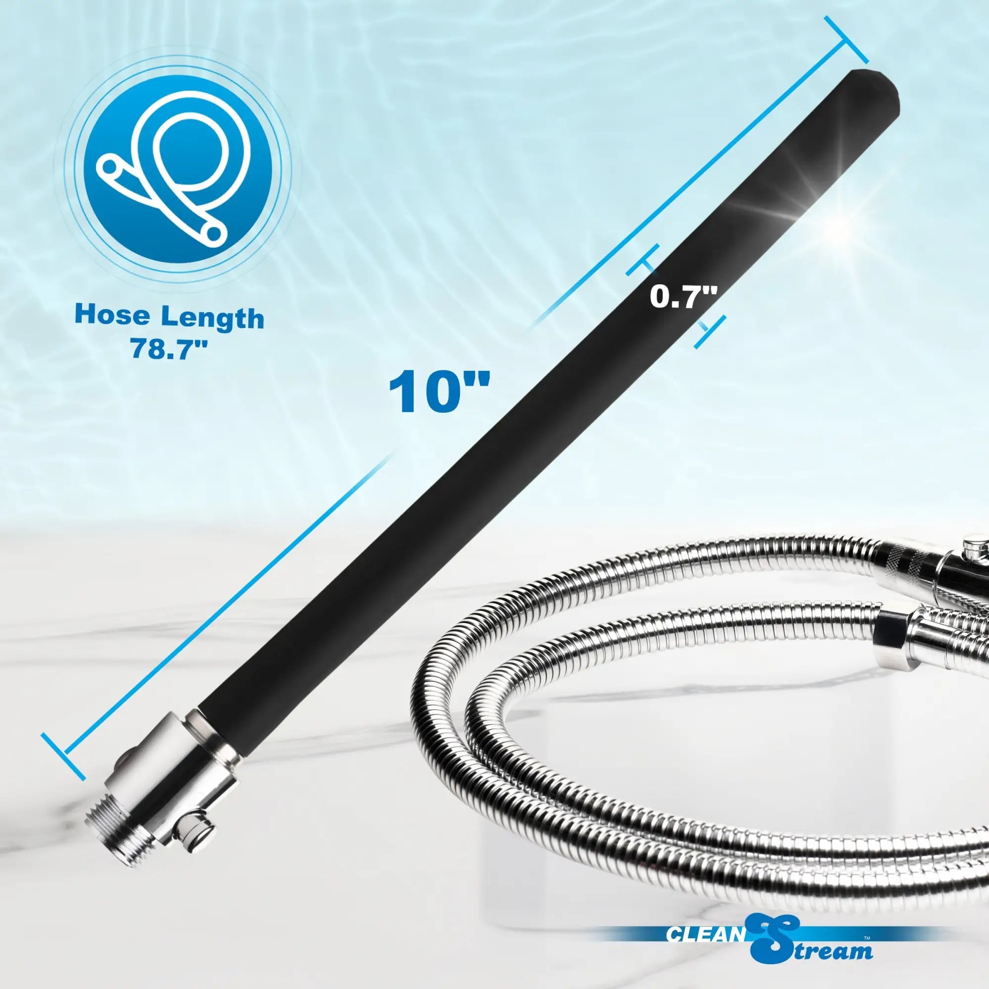 CleanStream EZ-Flow silicone shower enema set with 10-inch black nozzle and 78.7-inch flexible chrome metal hose.