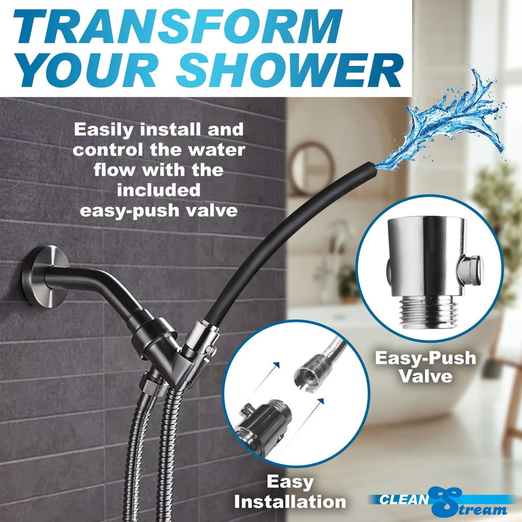 CleanStream EZ-Flow shower enema set with black silicone hose, chrome valve, and water spray illustration.