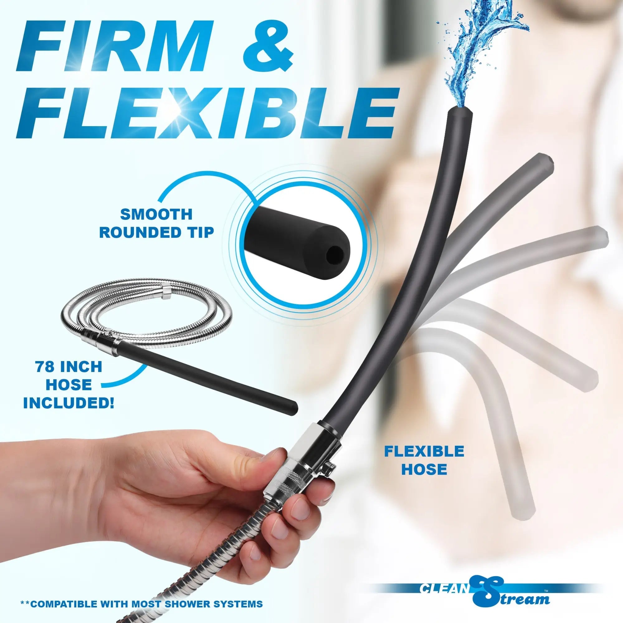 CleanStream EZ-Flow flexible black silicone shower enema set with a 78-inch silver metal hose and rounded tip.
