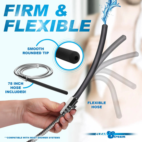 CleanStream EZ-Flow flexible black silicone shower enema set with a 78-inch silver metal hose and rounded tip.