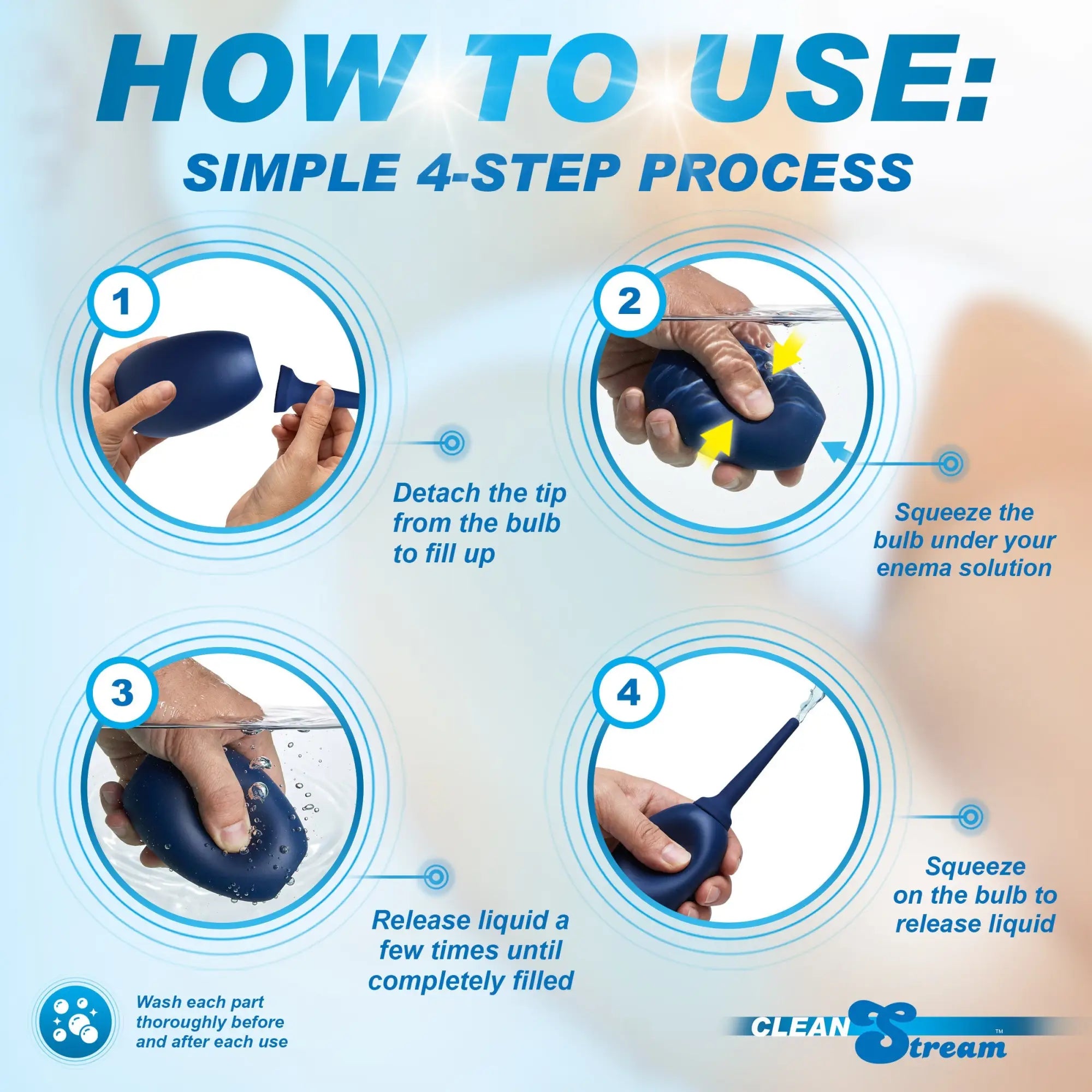 Four-step guide for the dark blue CleanStream Flex Tip Enema Bulb showing how to detach, fill, and use the device.