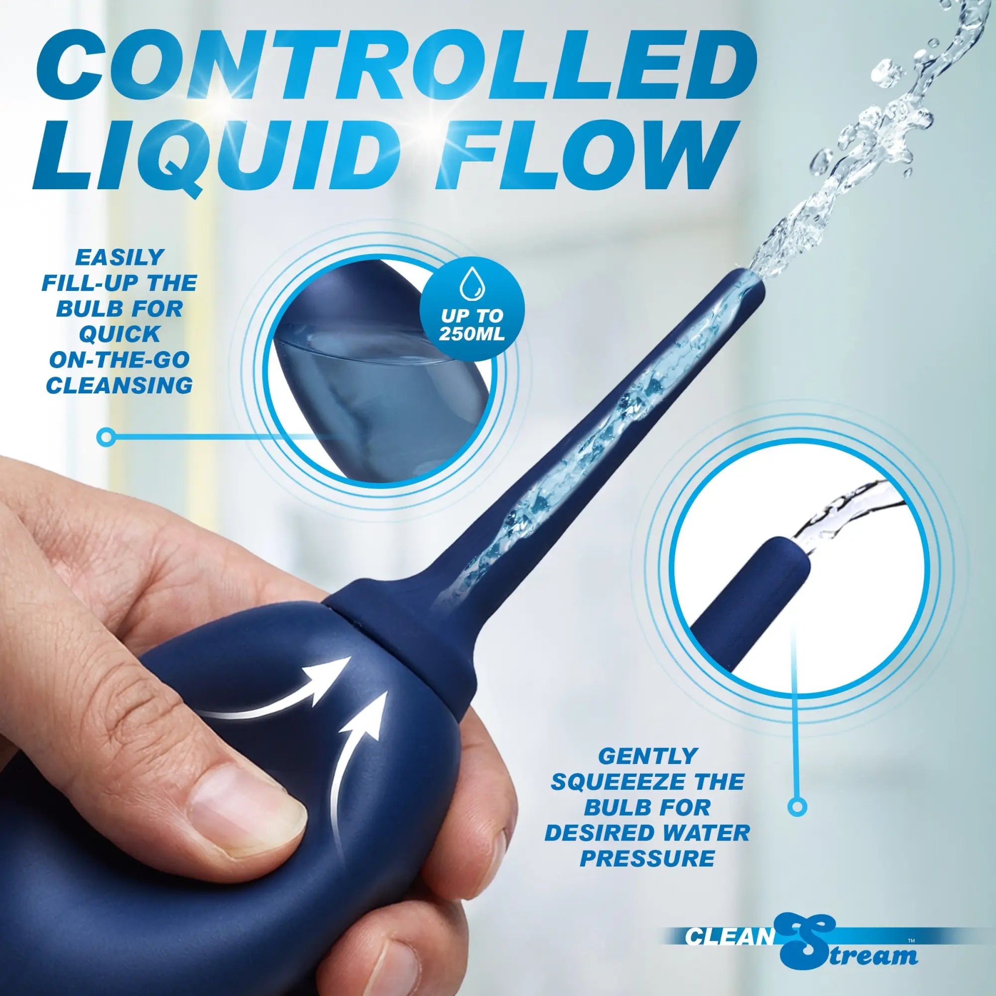 CleanStream Flex Tip Enema Bulb: A dark blue, flexible bulb being squeezed to release a controlled stream of water.