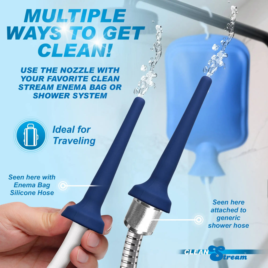 CleanStream Flex Tip Enema Bulb in blue, shown attached to an enema bag hose and a metal shower hose.