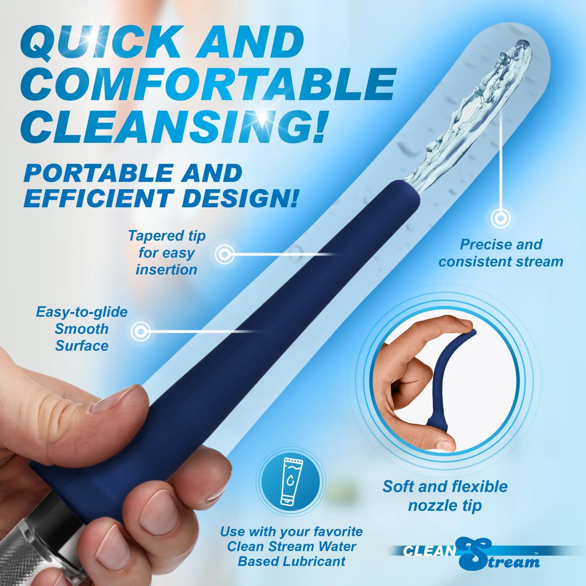 CleanStream Flex Tip Enema Bulb: A dark blue, flexible, tapered nozzle spraying water, shown with feature annotations.