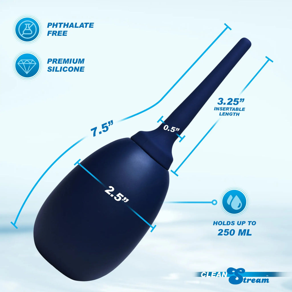 Navy blue CleanStream Flex Tip enema bulb showing product dimensions, premium silicone, and 250ml capacity.