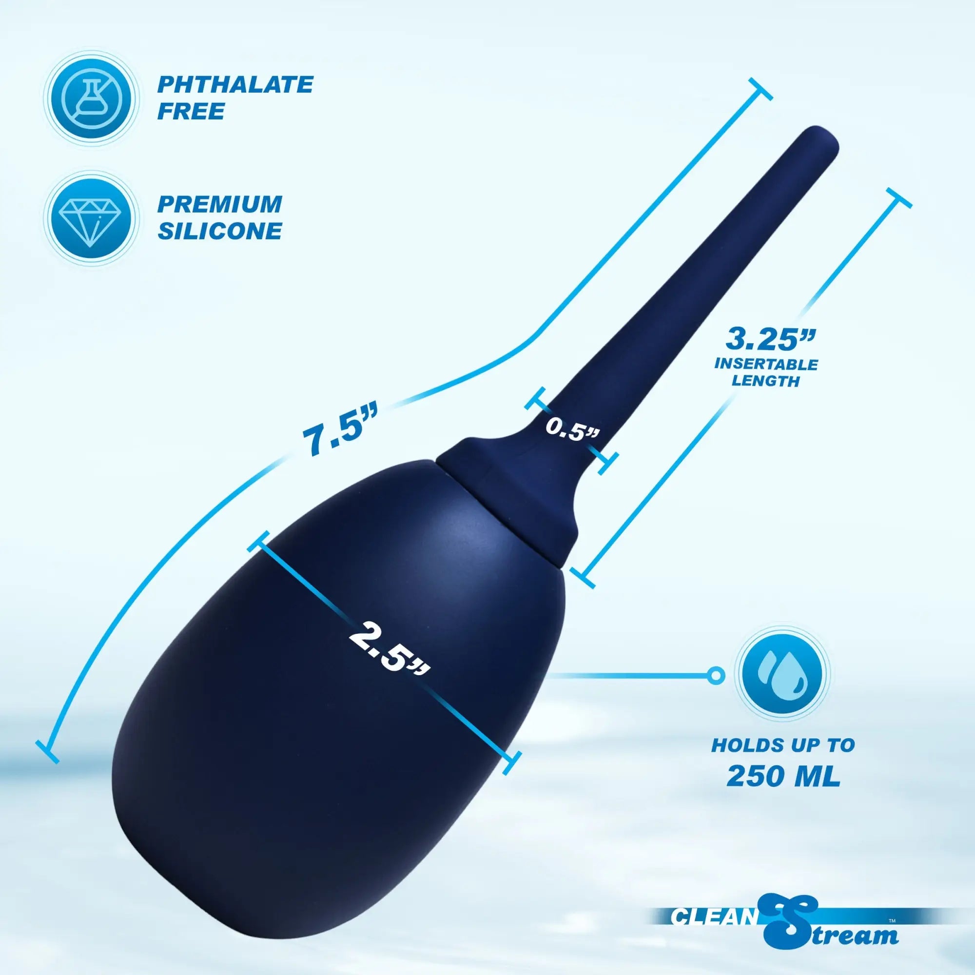 Navy blue CleanStream Flex Tip enema bulb showing product dimensions, premium silicone, and 250ml capacity.