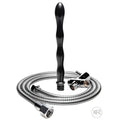 CleanStream Flow Control shower enema kit with a black, wavy-textured nozzle and a silver metal hose and adapter.