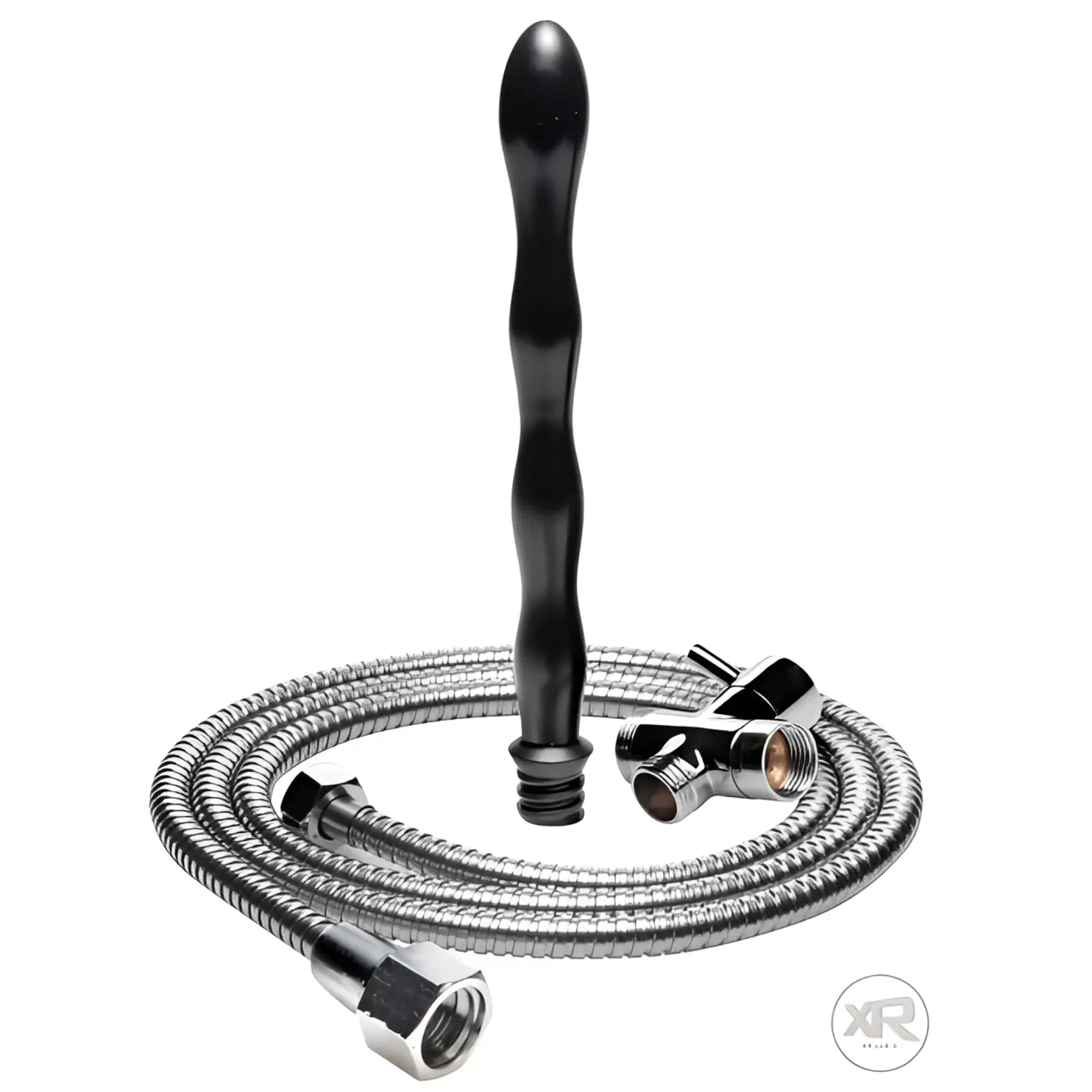 CleanStream Flow Control shower enema kit with a black, wavy-textured nozzle and a silver metal hose and adapter.