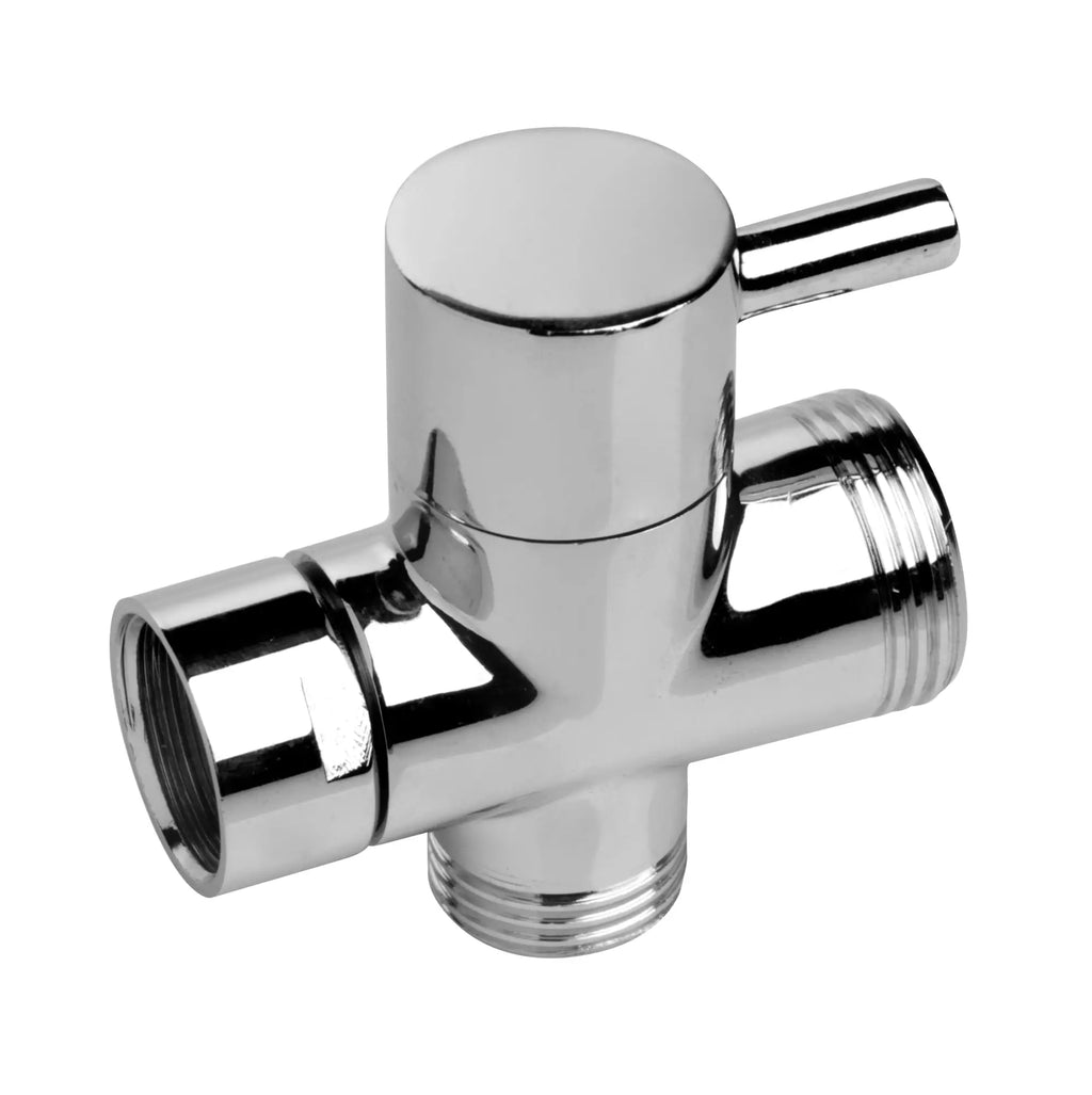 CleanStream Flow Control shower enema kit: A polished chrome, T-shaped metal water diverter valve with a lever handle.