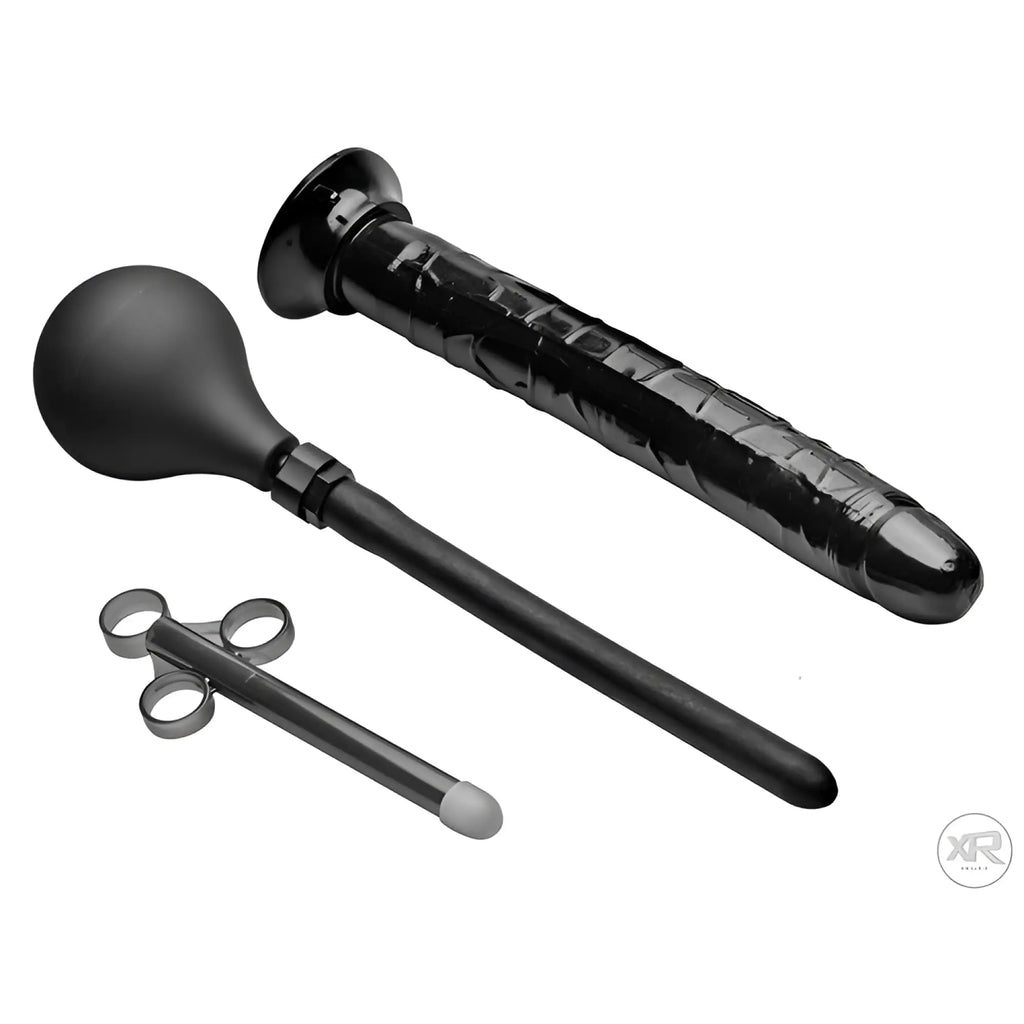 CleanStream Go Deep kit: black rubber enema bulb with nozzle, syringe-style applicator, and textured black dildo.