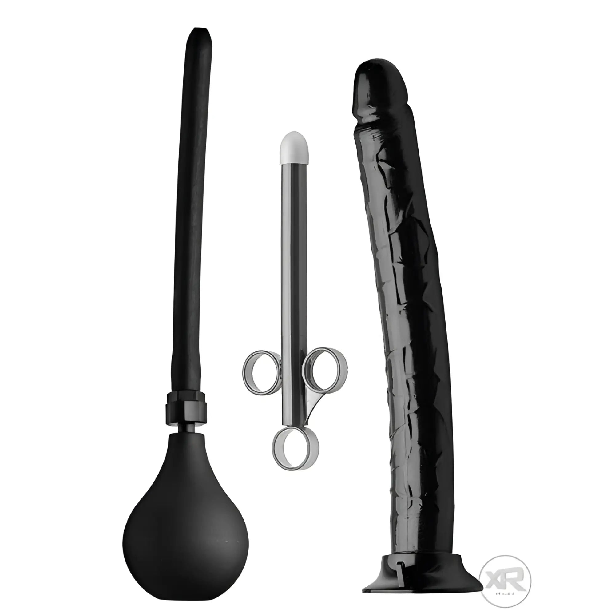 CleanStream Go Deep kit: black bulb enema, metal applicator, and large black textured dildo with a suction base.