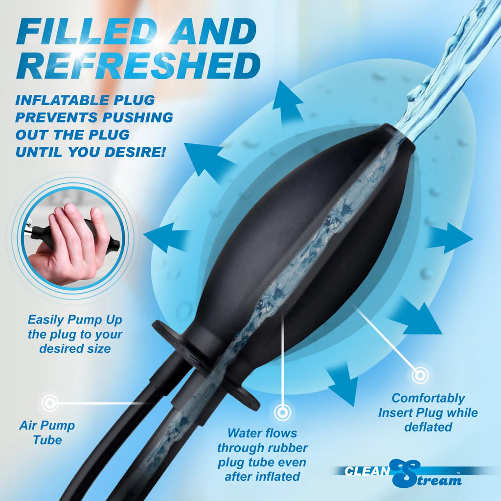 CleanStream Inflatable Enema Plug: Black, bulbous plug with air pump tube and water flow, shown with usage instructions.