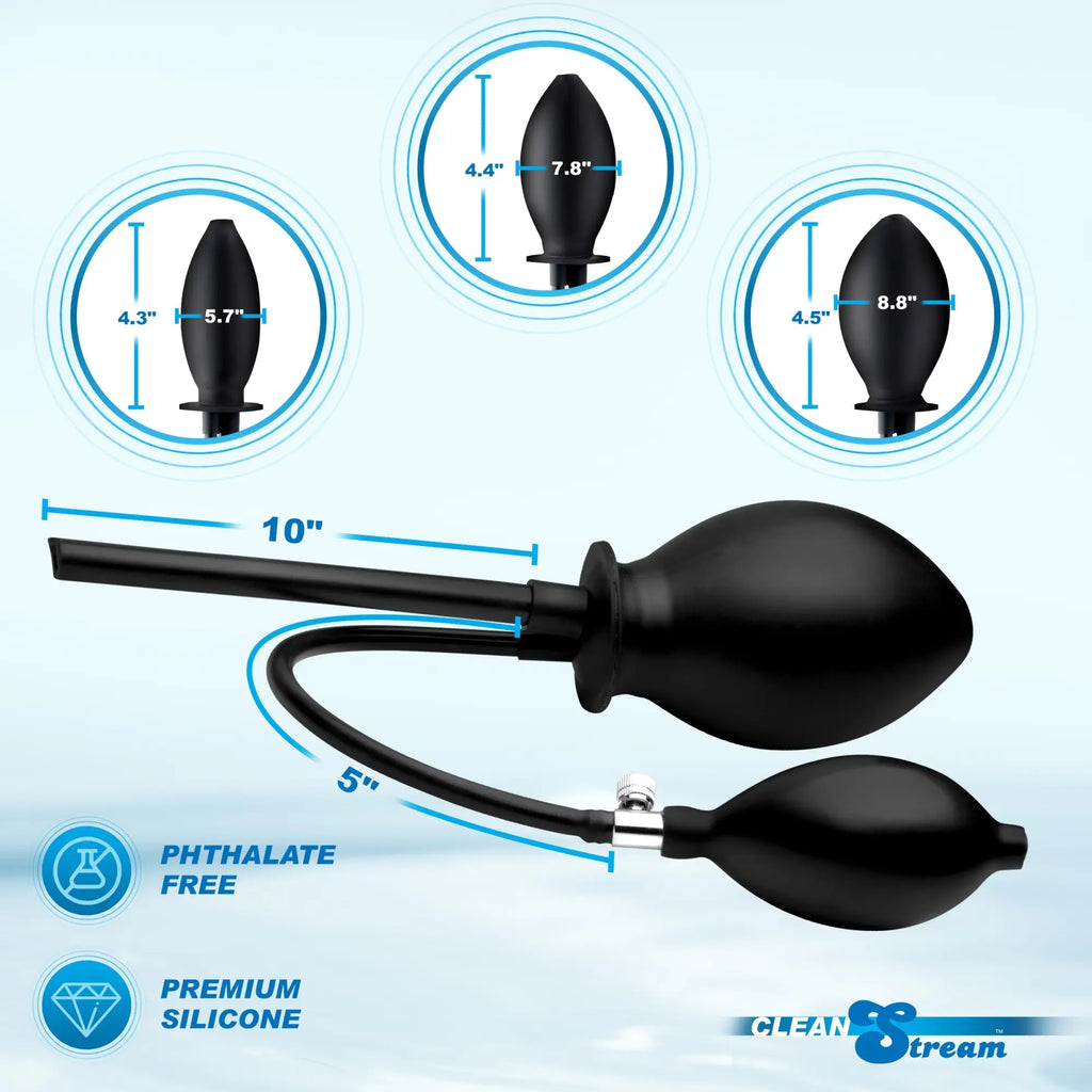 CleanStream Inflatable Enema Plug: Black silicone inflatable plug with hand pump and measurement diagrams.