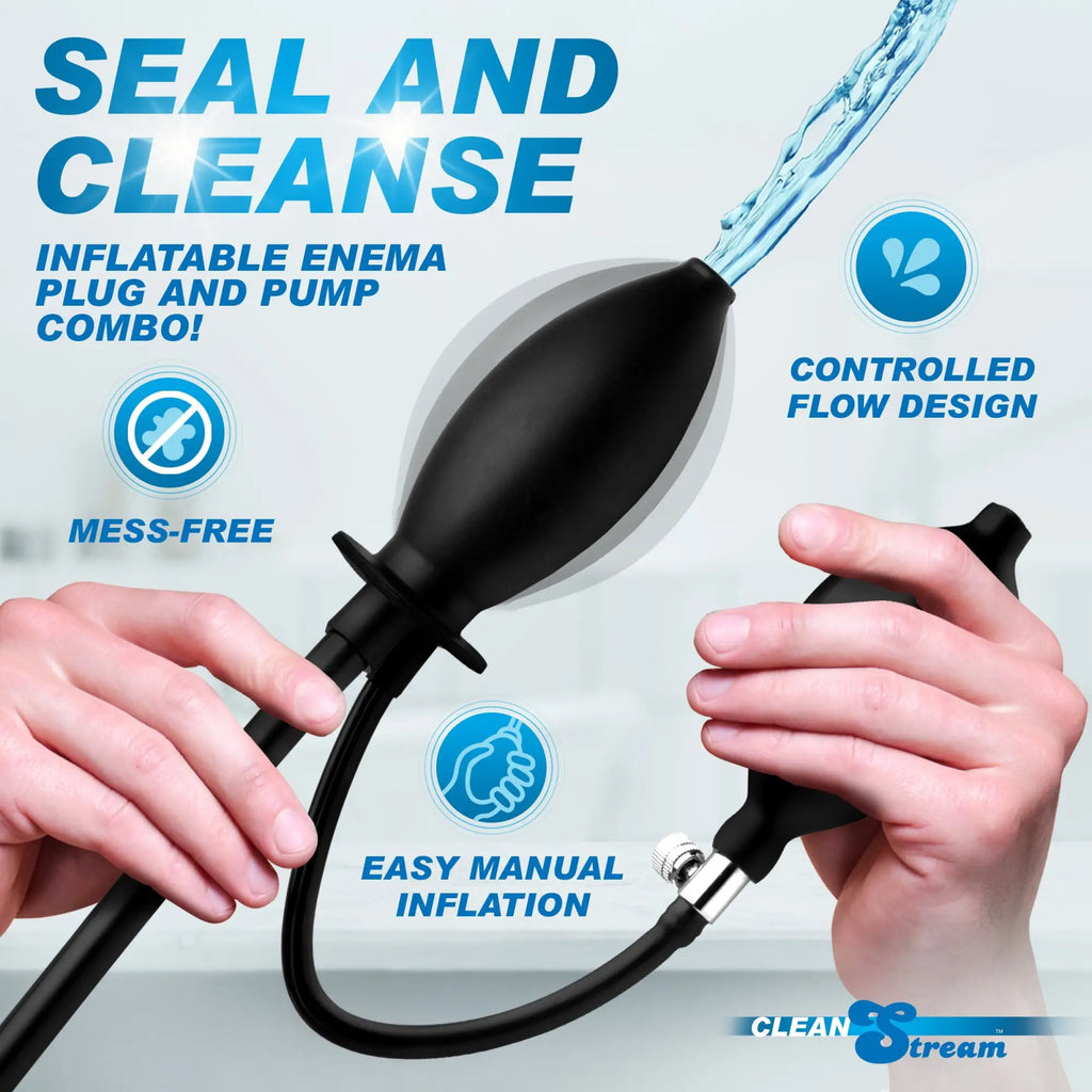 CleanStream Inflatable Enema Plug with manual pump for controlled flow. Black silicone design shown with hand operation.