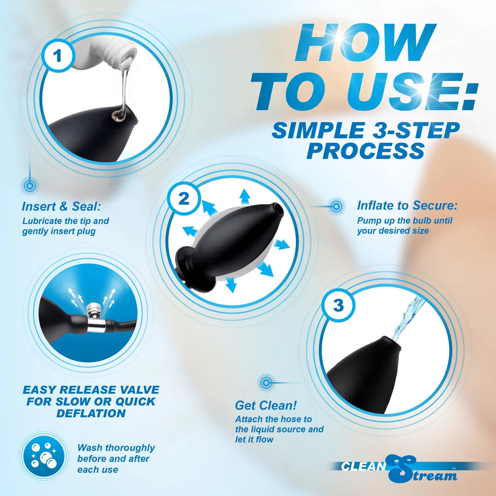 CleanStream Inflatable Enema Plug: A three-step instructional graphic showing a black plug being lubricated and inflated.