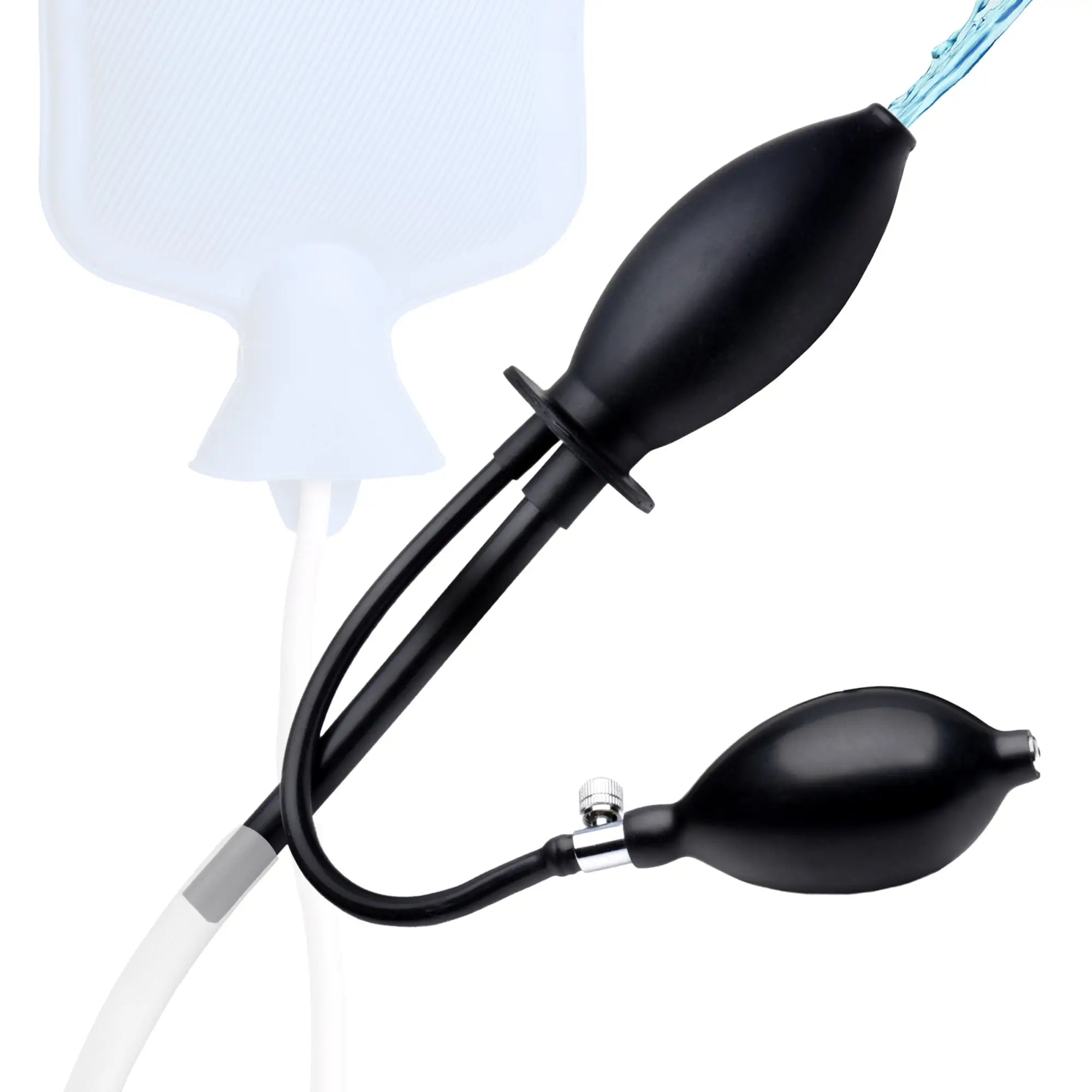 CleanStream Inflatable Enema Plug: Black silicone inflatable probe with hand pump and water reservoir attachment.