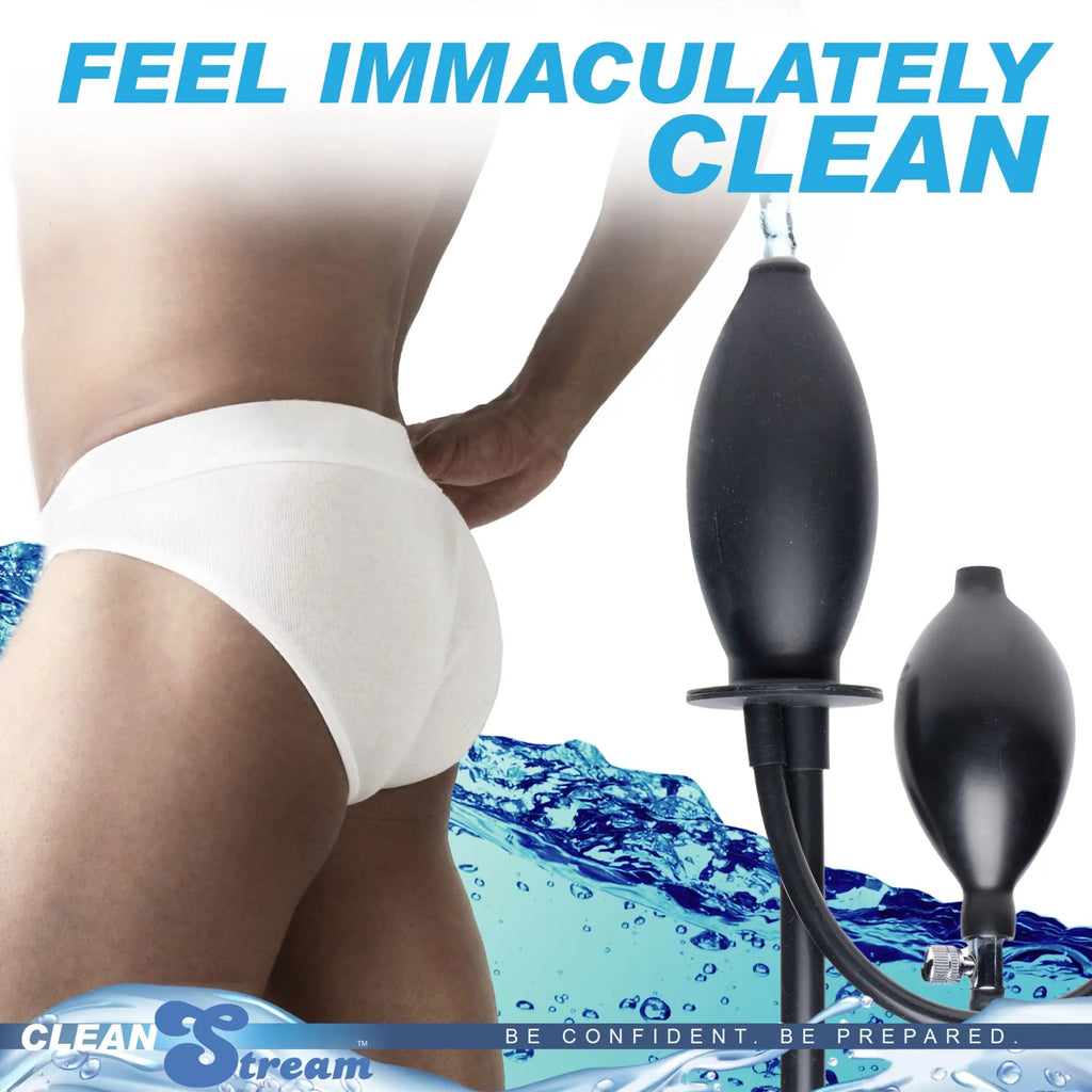 CleanStream Inflatable Enema Plug: Black silicone inflatable bulb with tubing against a water-themed background.
