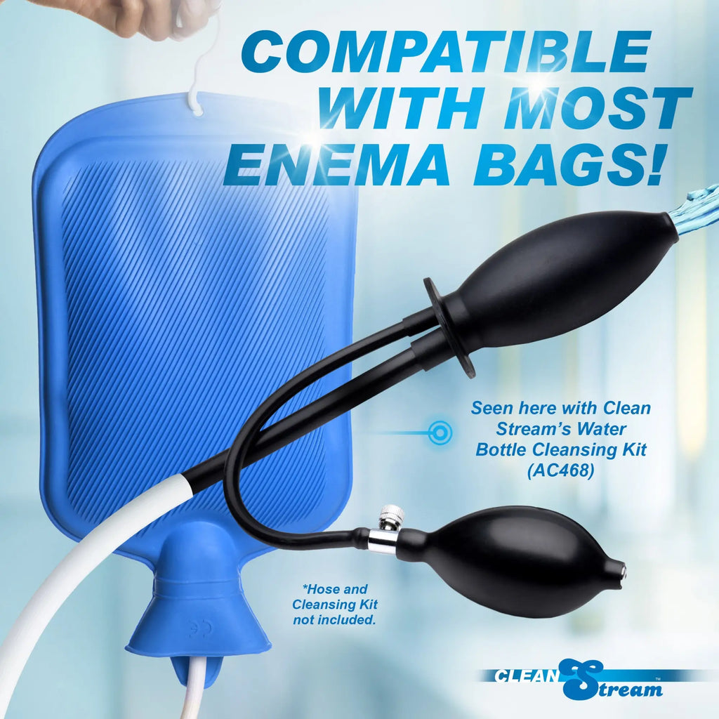 CleanStream inflatable black silicone enema plug with manual inflation pump, shown attached to a blue enema water bag.