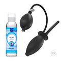 CleanStream black inflatable enema plug with manual hand pump and a bottle of Relax desensitizing anal lubricant.
