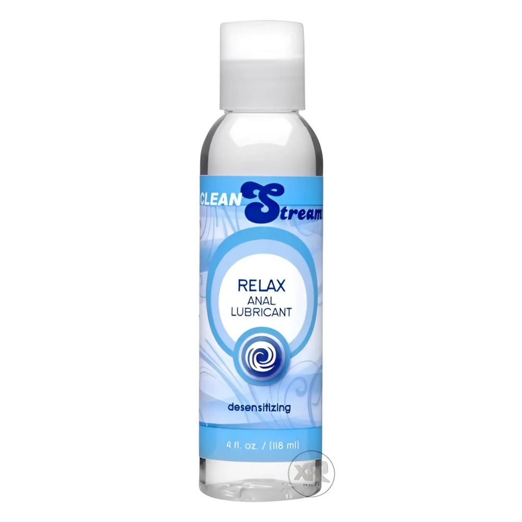 CleanStream Relax Anal Lubricant in a 4 fl. oz. clear squeeze bottle with a blue and white label.