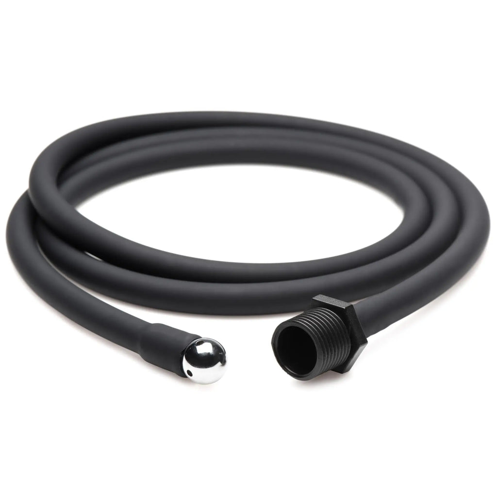 CleanStream Premium Silicone Enema Hose: coiled black hose with a metallic nozzle tip and a threaded black connector.