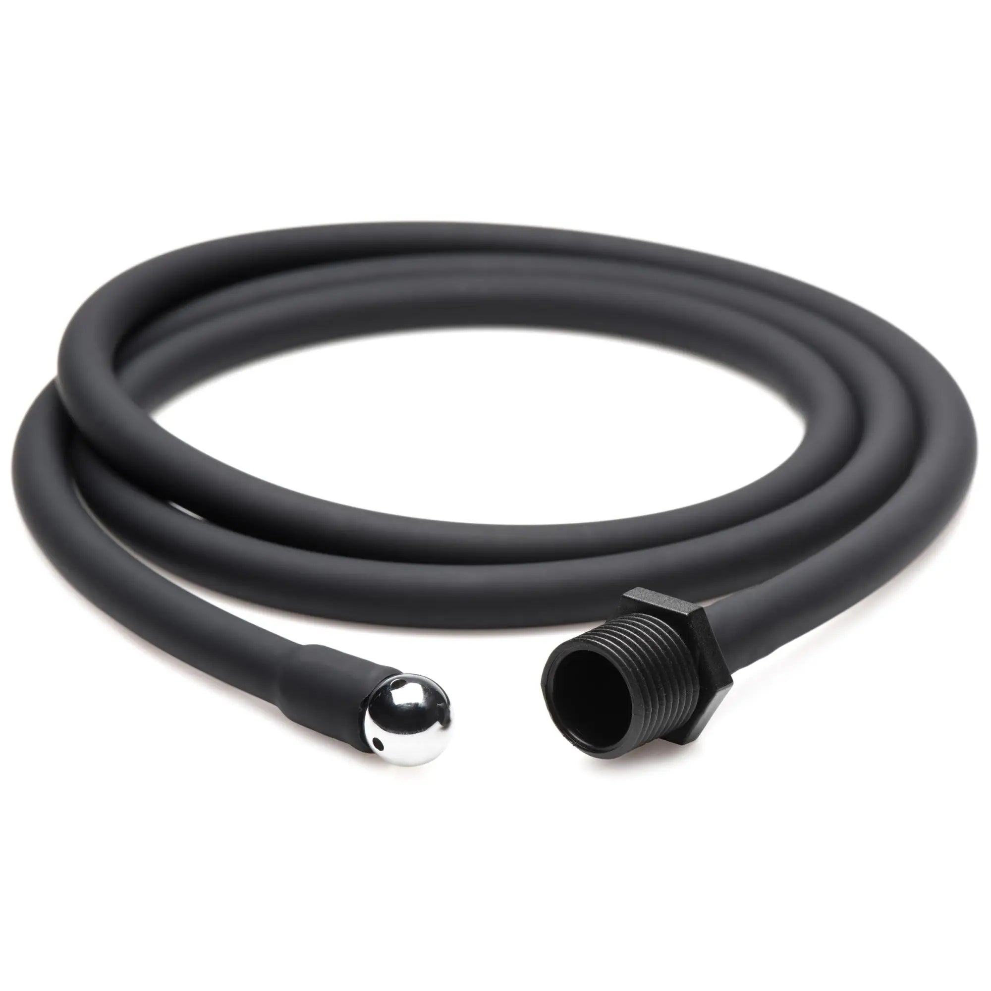 CleanStream Premium Silicone Enema Hose: coiled black hose with a metallic nozzle tip and a threaded black connector.