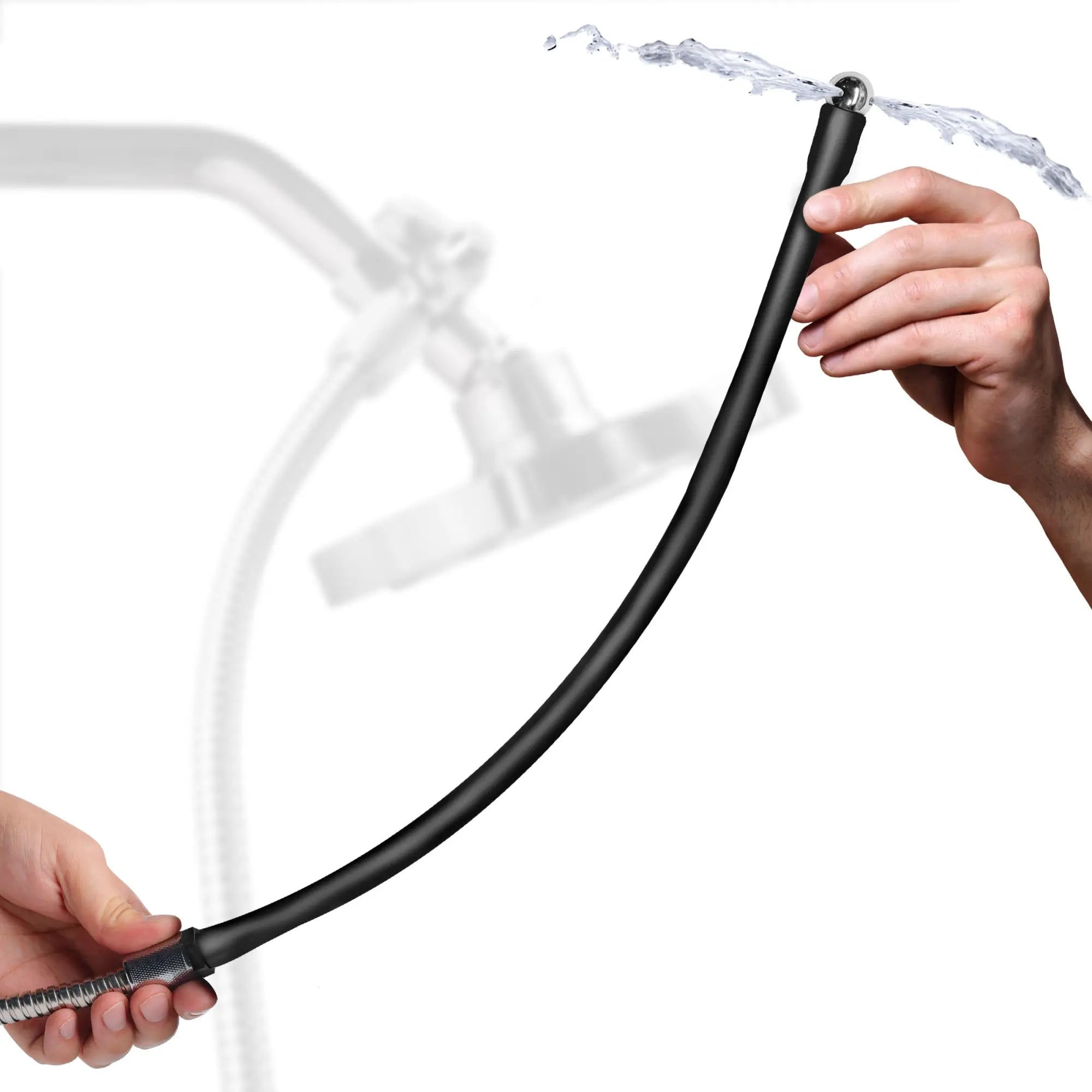 CleanStream Premium Silicone Enema Hose: A black, flexible hose spraying water from a metal nozzle held by a person.