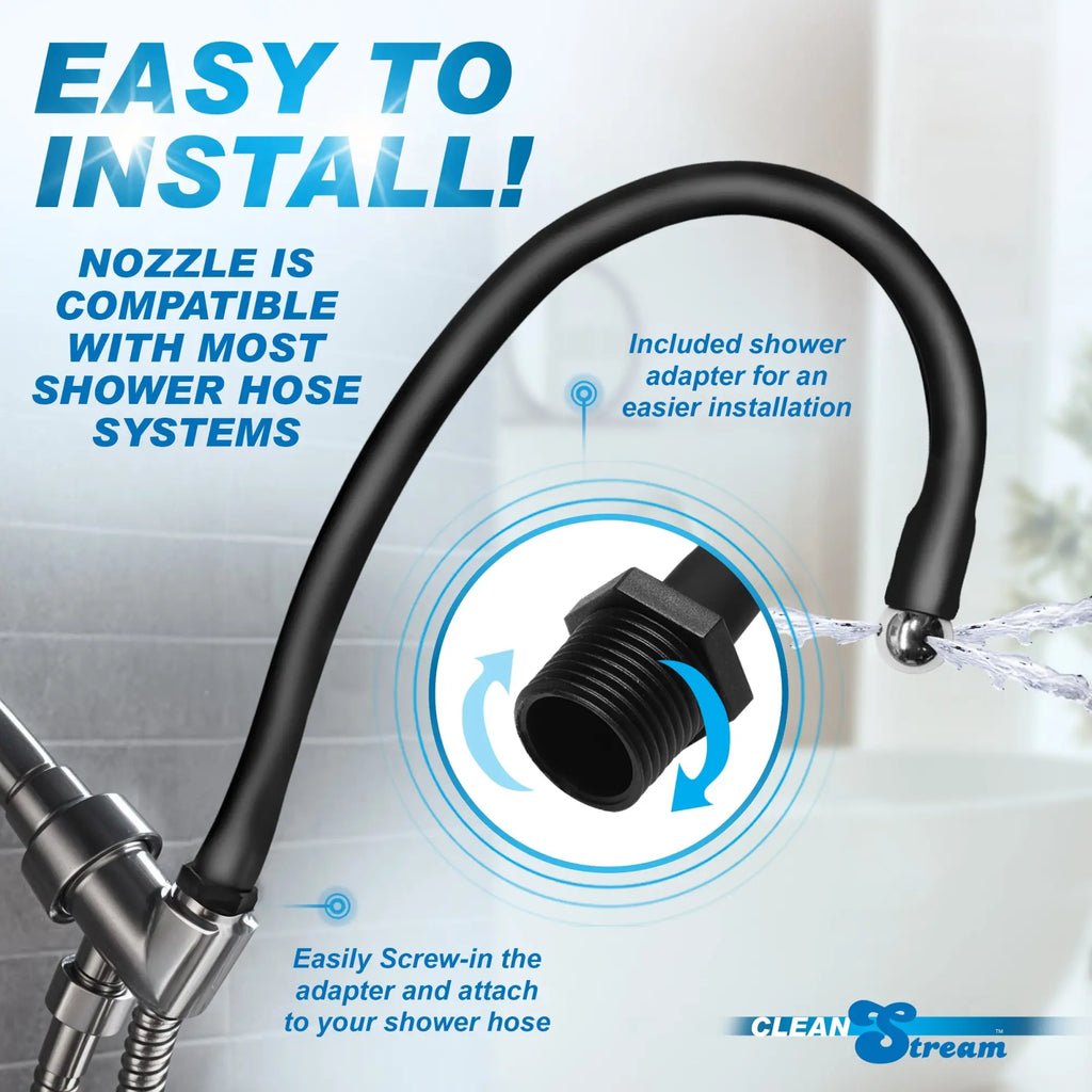 CleanStream Premium Silicone Enema Hose in black, showing the easy shower attachment system and included adapter.