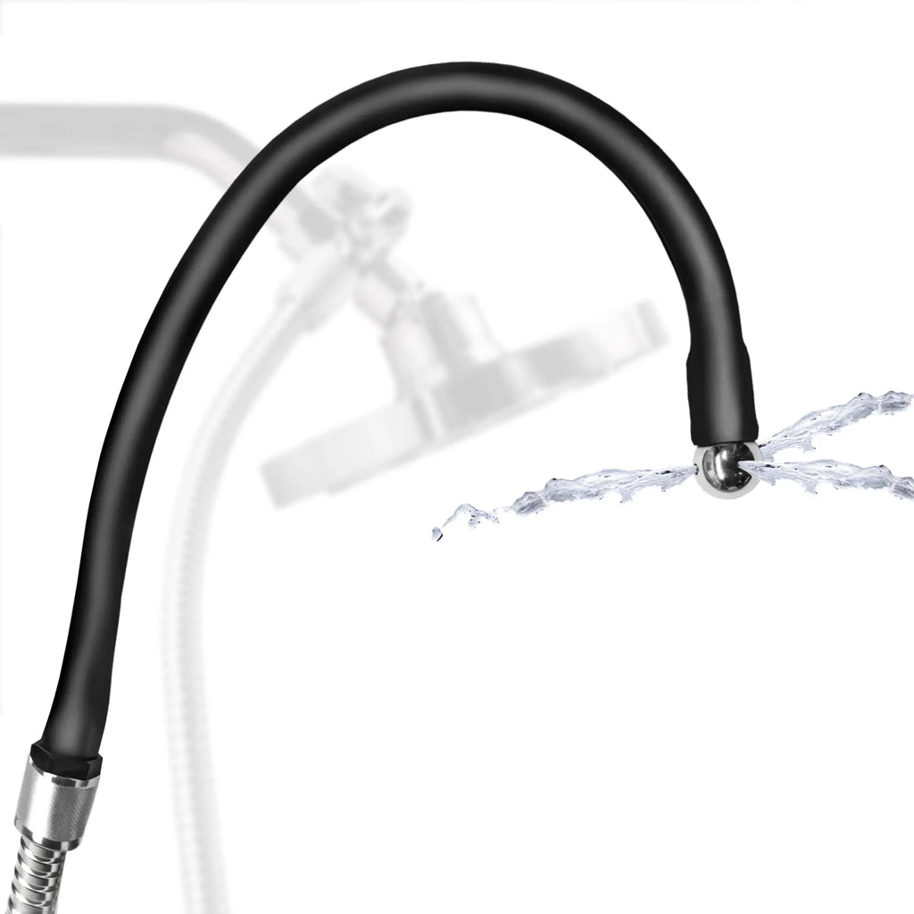 CleanStream Premium Silicone Enema Hose: a flexible black hose with a metal tip spraying water.