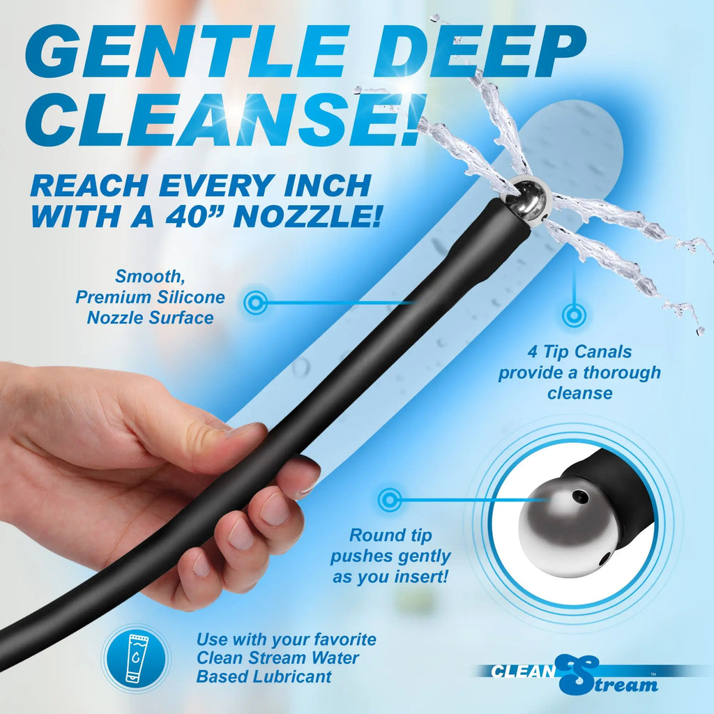 CleanStream Premium Silicone Enema Hose with a 40-inch black flexible tube and a rounded, multi-canal silver metal tip.