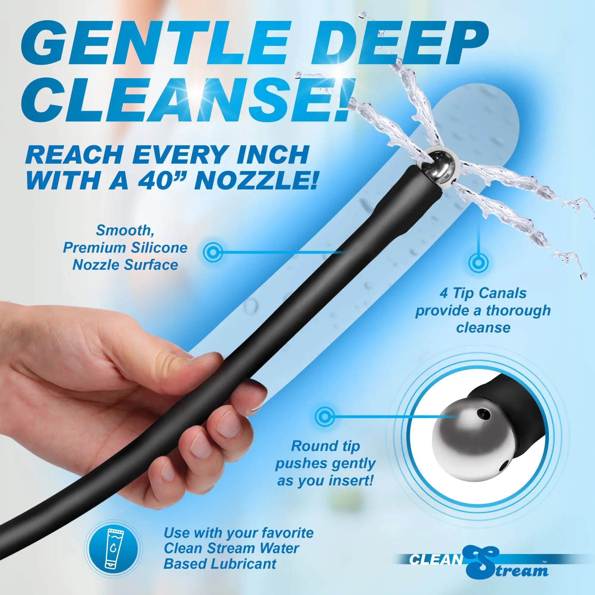 CleanStream Premium Silicone Enema Hose with a 40-inch black flexible tube and a rounded, multi-canal silver metal tip.