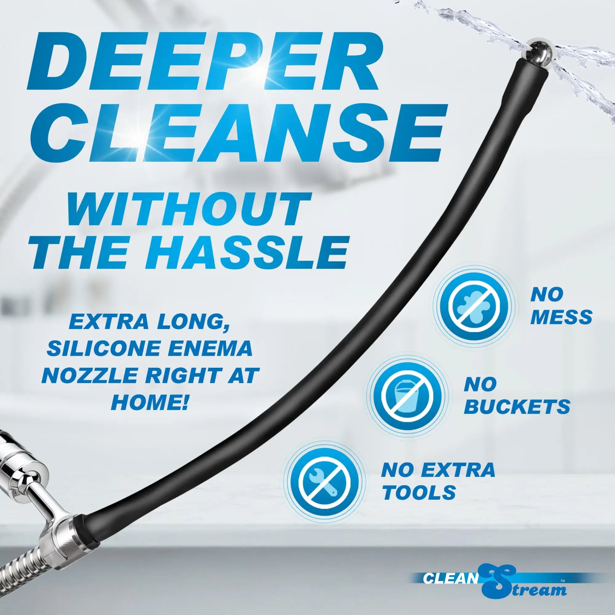 CleanStream Premium Silicone Enema Hose with metallic attachment, showing a black flexible hose spraying water.