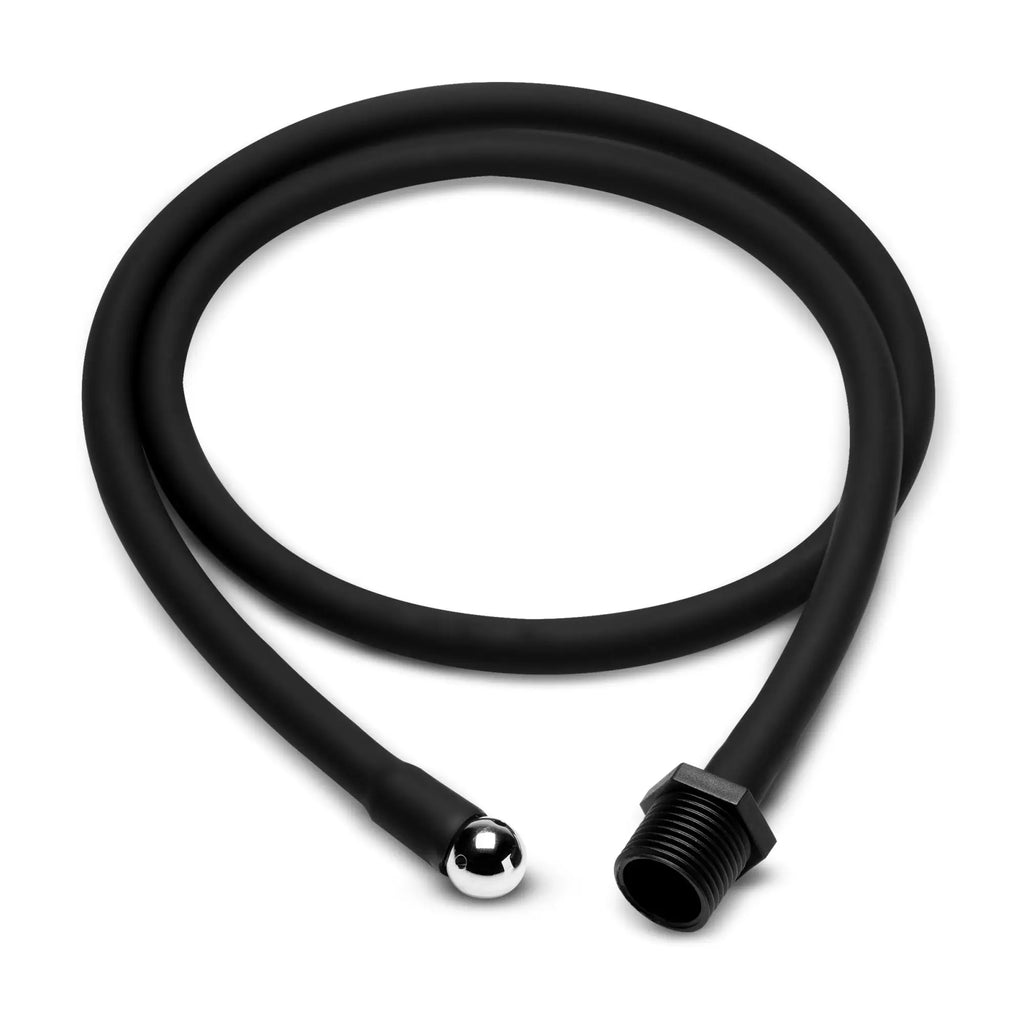 CleanStream Premium black silicone enema hose coiled with a chrome tip and threaded connector.