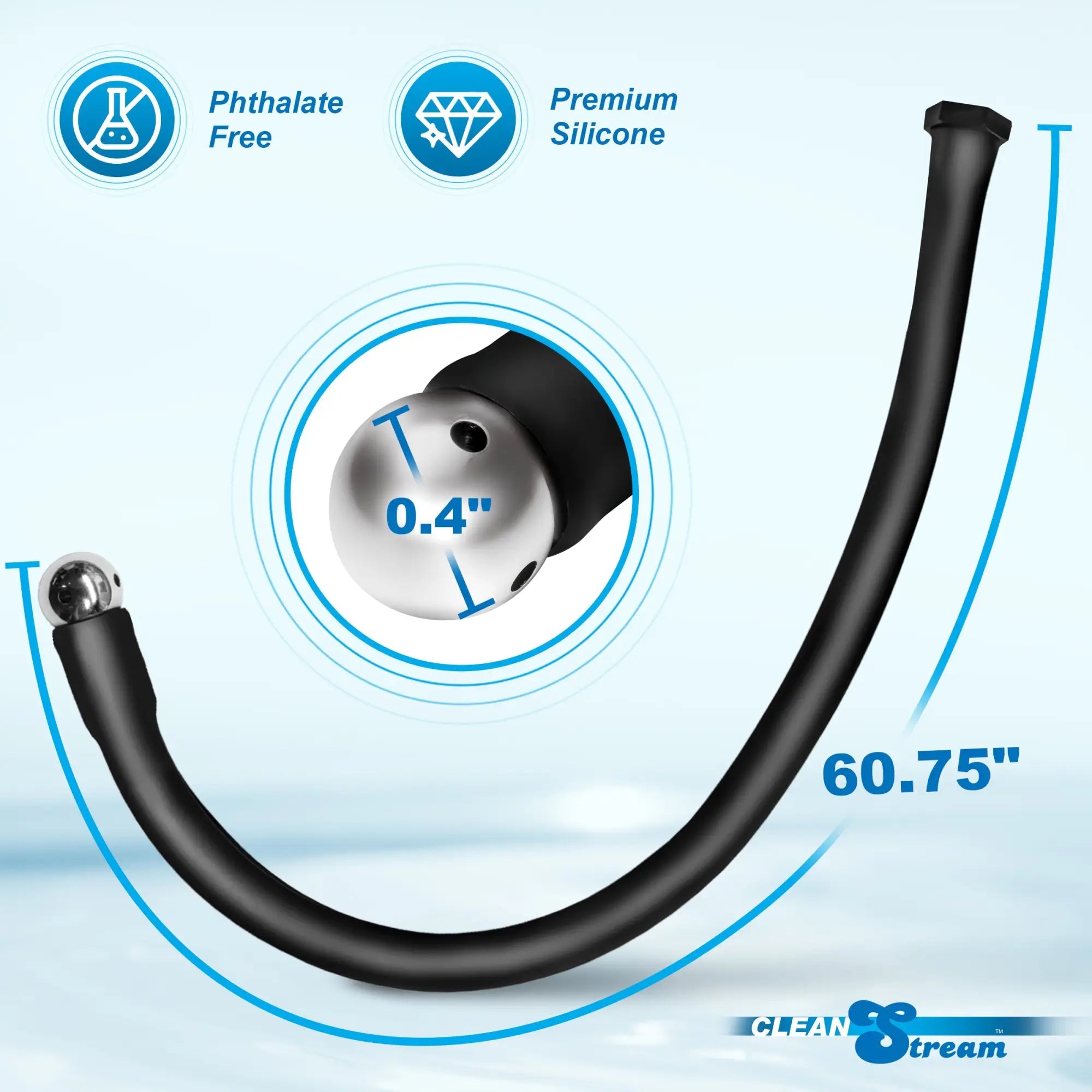 CleanStream Premium Silicone Enema Hose: black silicone hose with a 0.4" metal nozzle and 60.75" length.