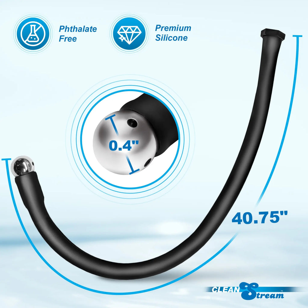 CleanStream Premium Silicone Enema Hose: Black 40.75" hose with a metal, multi-hole tip shown in a 0.4" detail inset.