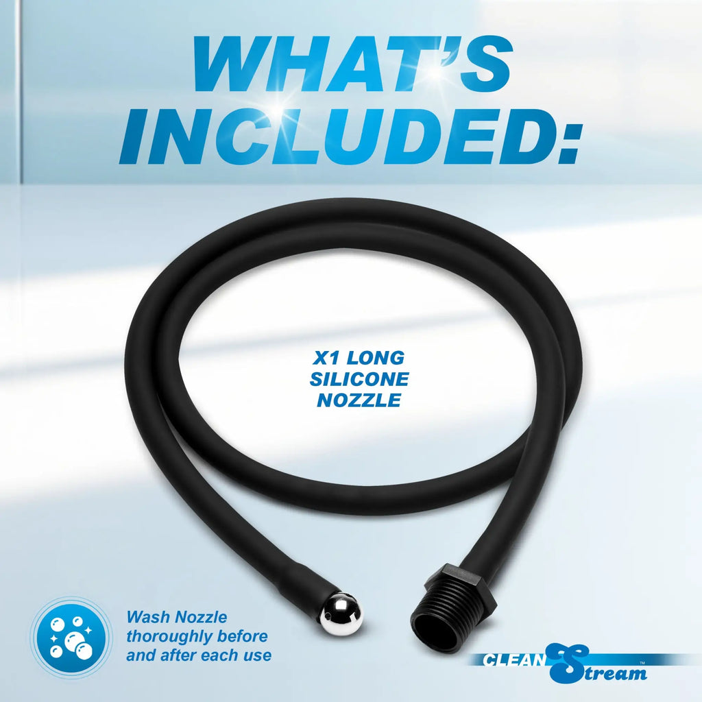 CleanStream Premium Silicone Enema Hose: A black, coiled silicone hose with a metal tip and threaded end connector.