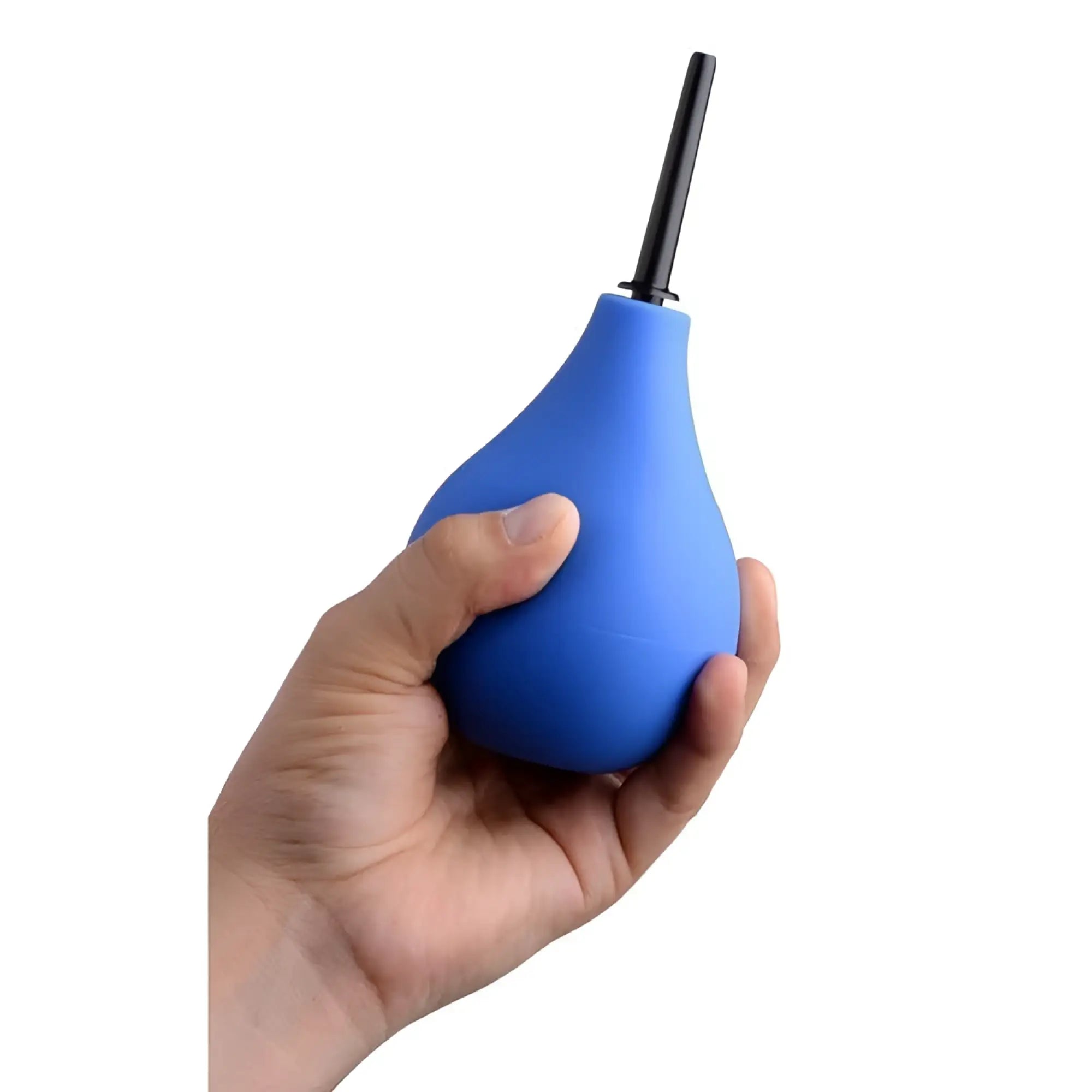 CleanStream Premium One-Way Valve Anal Douche: a blue, pear-shaped rubber bulb held in a hand with a black nozzle.