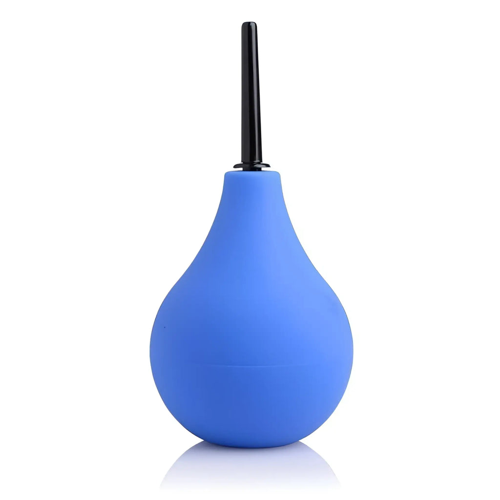 CleanStream Premium One-Way Valve Anal Douche: A blue, bulb-style syringe with a detachable black nozzle.