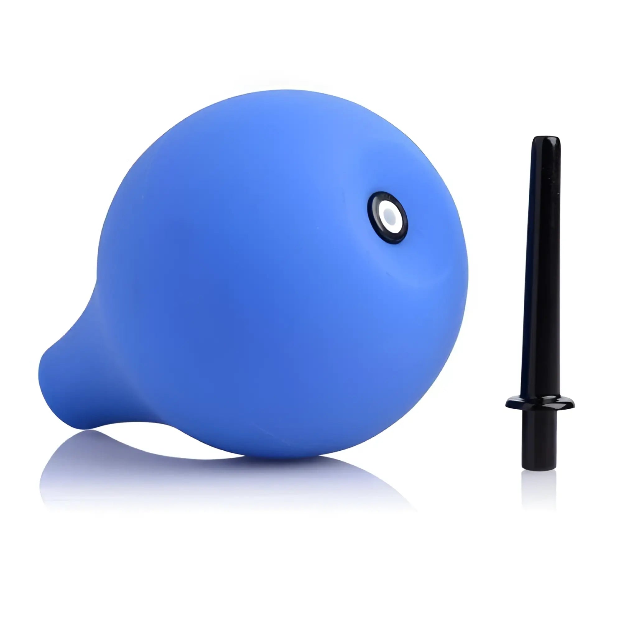 CleanStream Premium One-Way Valve Anal Douche: a blue spherical bulb with a separate black nozzle attachment.