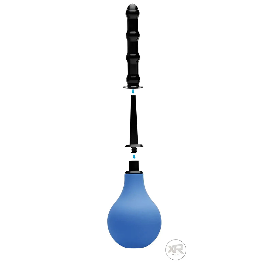 CleanStream Premium One-way Valve Anal Douche Set featuring a blue bulb, black nozzle, and ribbed black attachment.