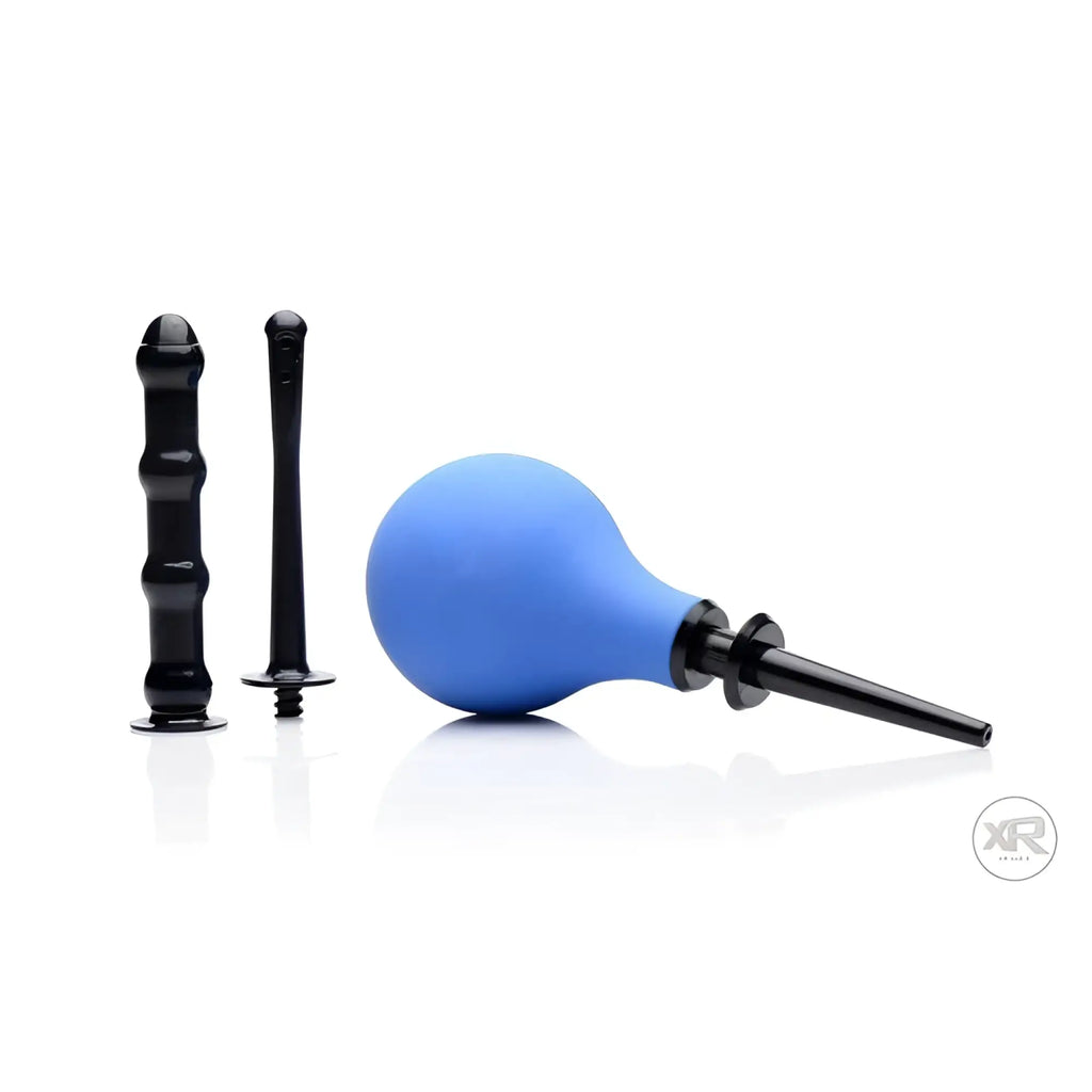 CleanStream Premium douche set with a blue bulb, black tapered nozzle, and two black textured attachments.