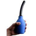 CleanStream Premium One-Way Valve Enema Douche: a hand holding a blue squeeze bulb with a long, curved black nozzle.