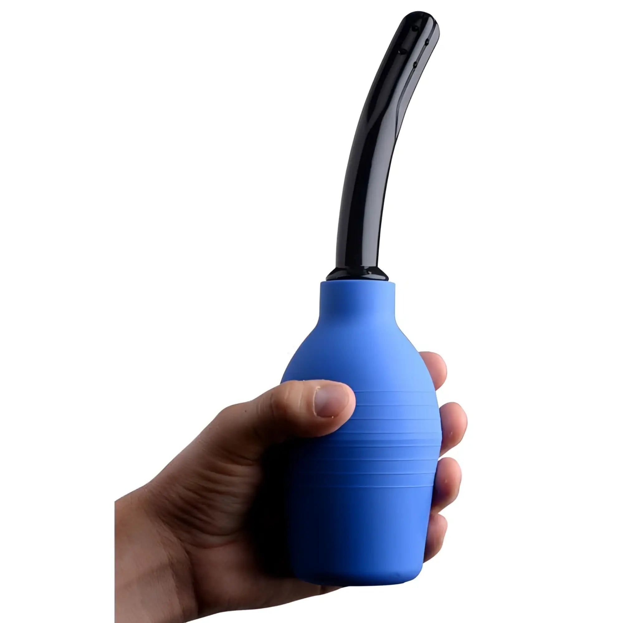 CleanStream Premium One-Way Valve Enema Douche: a hand holding a blue squeeze bulb with a long, curved black nozzle.